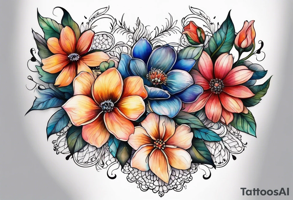 flowers with lace sternum tattoo idea