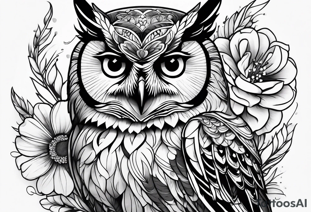 female owl with flowers tattoo idea