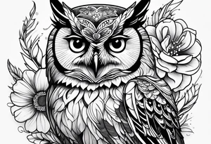 female owl with flowers tattoo idea