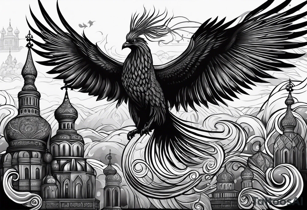 russian firebird in-flight with long fancy tail and 3 small onion cap monastery towers in background, with "Isaiah 43: 18-19" tattoo idea