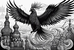 russian firebird in-flight with long fancy tail and 3 small onion cap monastery towers in background, with "Isaiah 43: 18-19" tattoo idea
