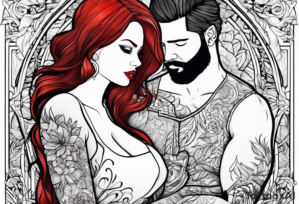 Busty red hair woman with bearded black hair man tattoo idea