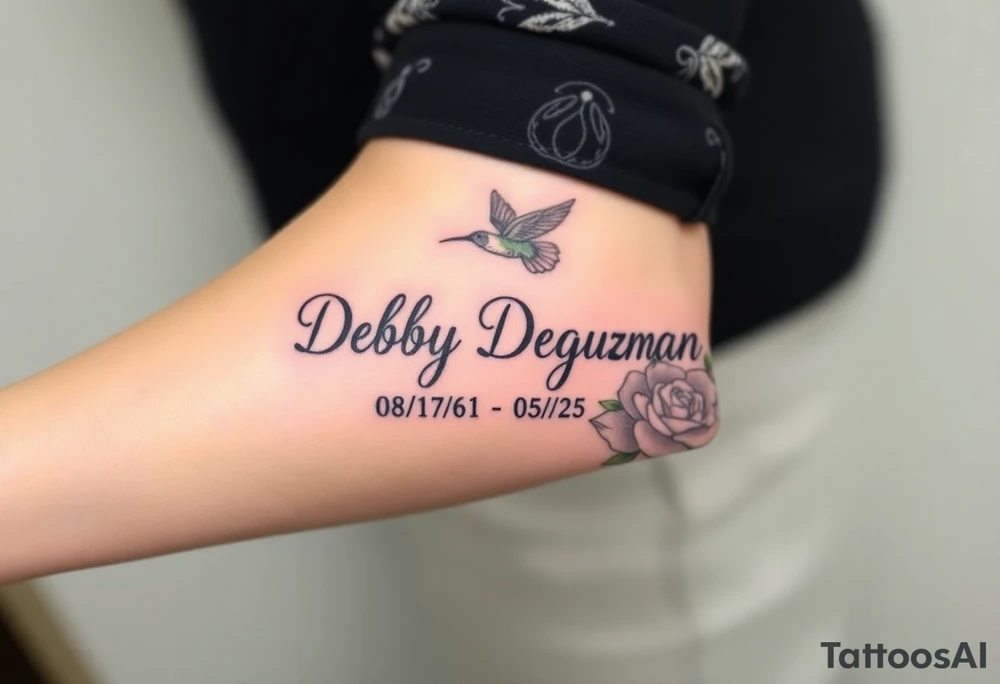 Tattoo of the exact name Debby Deguzman in chunky curly cursive with the exact dates of 08/17/61-05/29/25 surrounded by 1 hummingbird and 1 rose tattoo idea