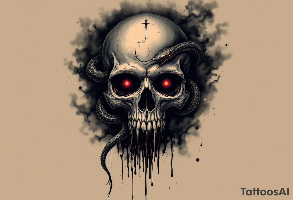 The Dark Mark, with the snake wrapped around the skull, stands out against a smoky, shadowy background. The skull has glowing red eyes, and the serpent’s tongue is dripping with dark, inky venom. Black and grey with hints of deep crimson for the eyes and serpent’s venom. Subtle touches of green and purple for the smoke. tattoo idea
