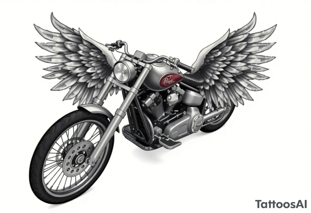 Low rider grey motorcycle, flames, angel wings tattoo idea