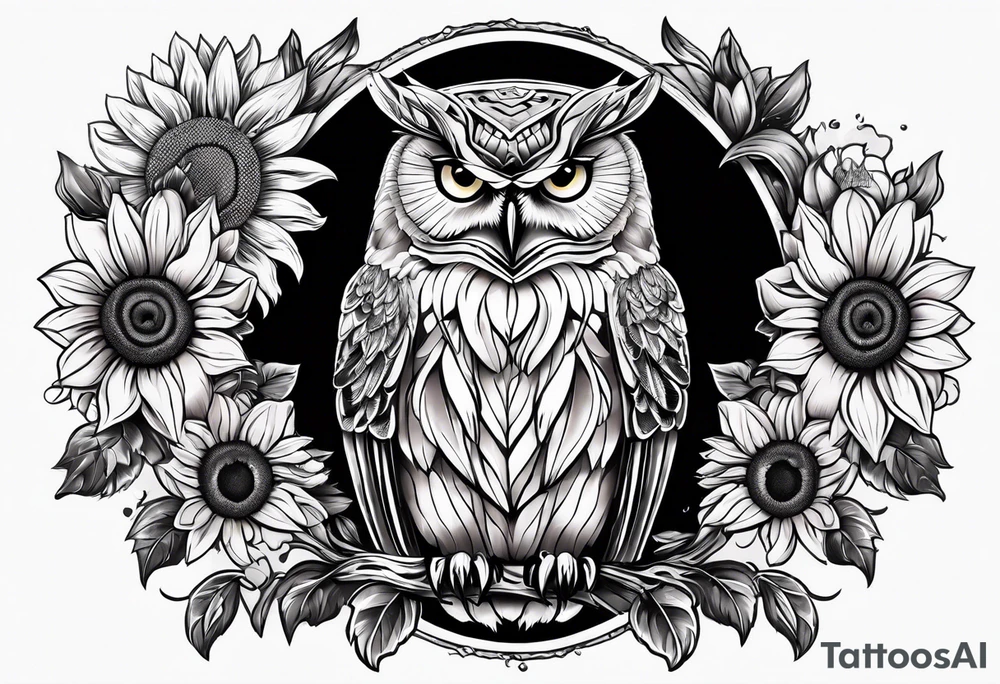 Owl and sunflower sleeve tattoo idea