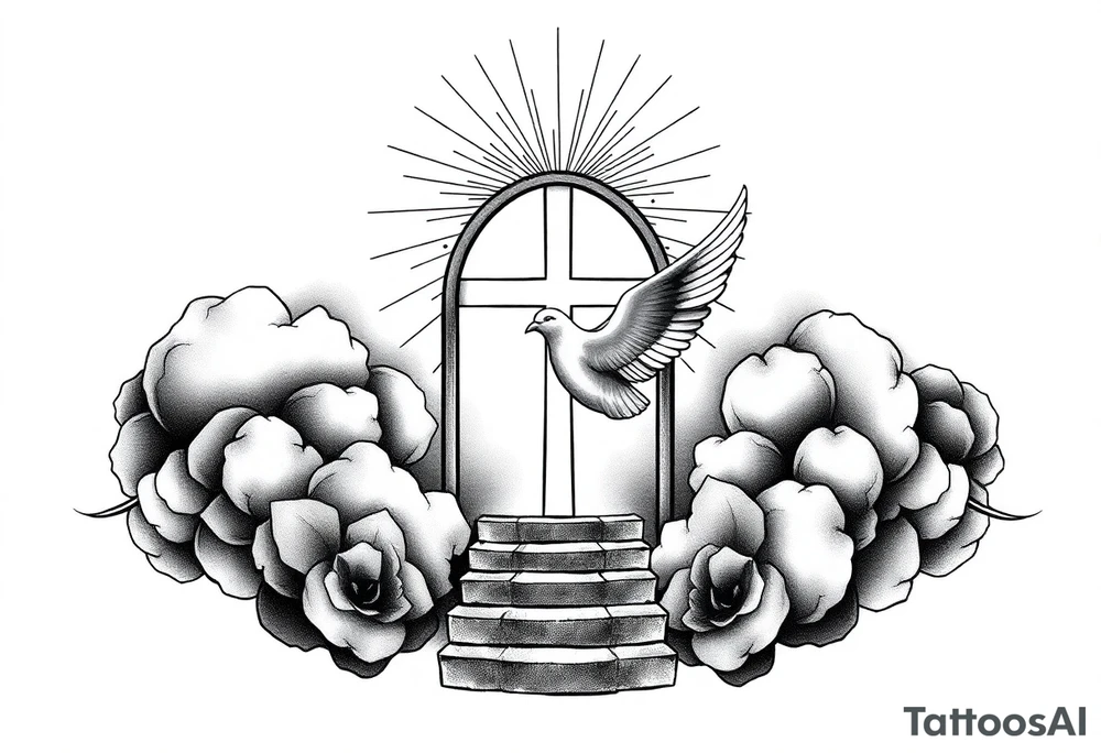 Vorrei un tatuaggio sull'avambraccio con un design principale composto da un portale aperto tra le nuvole, con una scalinata che conduce verso di esso. Sopra il portale vorrei una croce dal design elegante, circondata da raggi di luce che si diffondono in modo radiante. Infine, desidero una colomba del lutto in volo (mourning dove), simbolo di pace e rinascita, inserita armoniosamente nella composizione. L'idea generale è trasmettere spiritualità, speranza e un senso di elevazione. tattoo idea