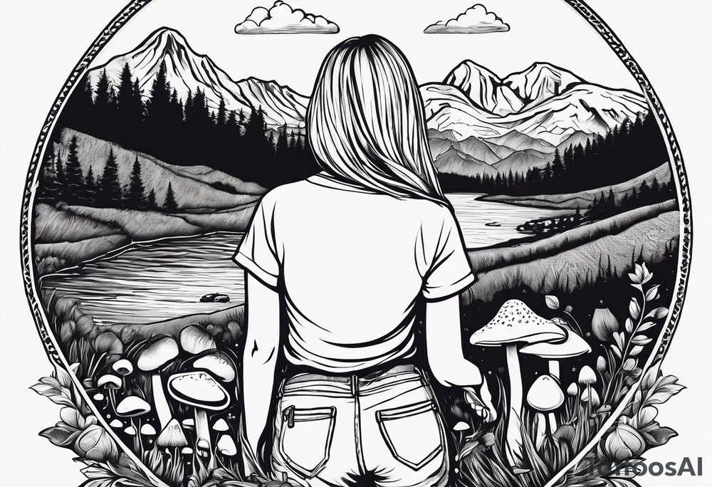 Straight long blonde hair hippie girl in distance holding mushrooms in hand facing away toward mountains and creek surrounded by mushrooms tee shirt and hiking pants tattoo idea