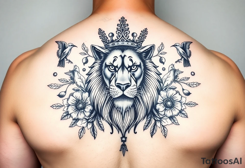 powerful majestic lion with a crown, surrounded by floral ornaments and birds tattoo idea
