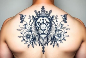 powerful majestic lion with a crown, surrounded by floral ornaments and birds tattoo idea