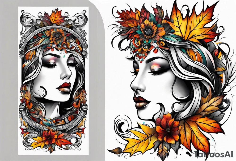 Arm Sleeve Tattoo with fall colors flat tattoo idea
