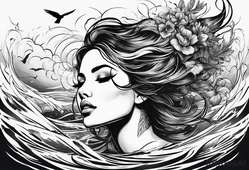 Attractive woman floating above water tattoo idea
