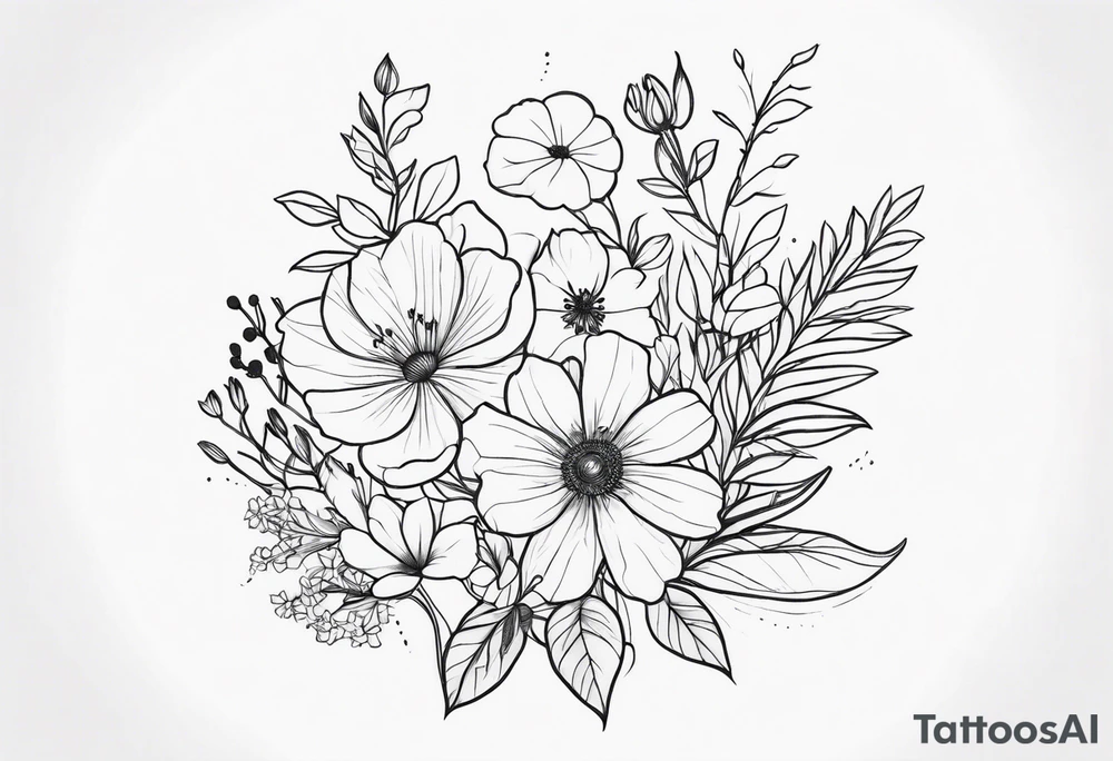 fine line flower bouquet tattoo idea