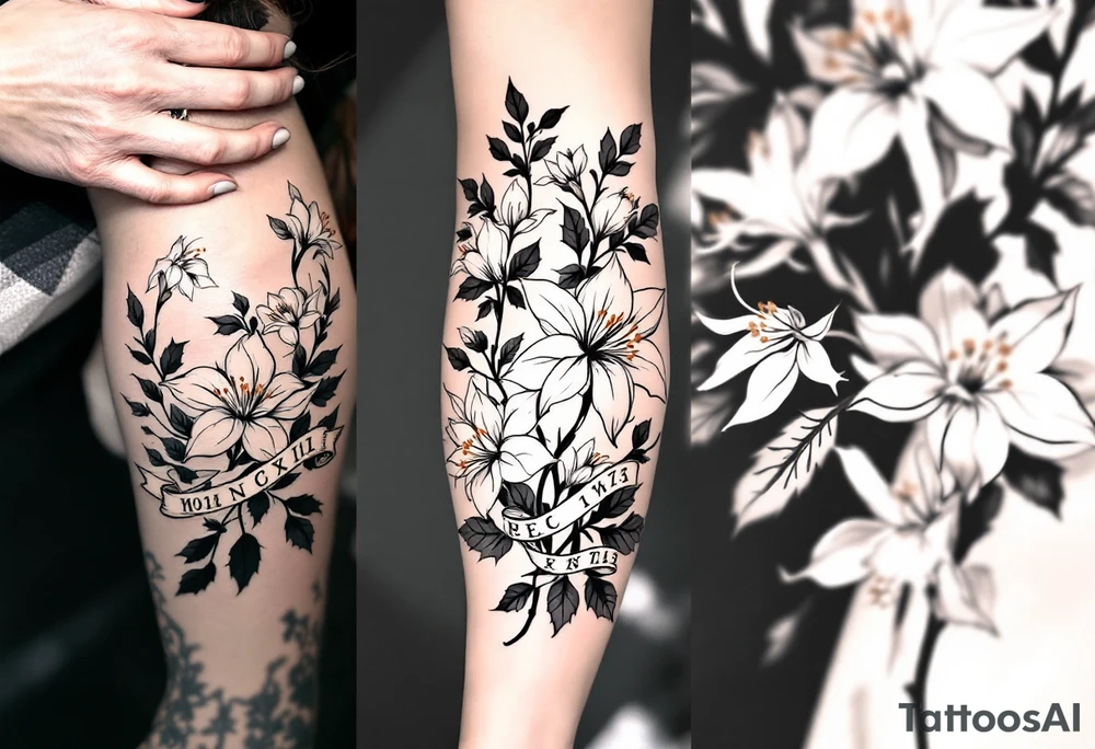 narcissus flowers and holly. starts and ends with a banner with roman numerals across tattoo idea