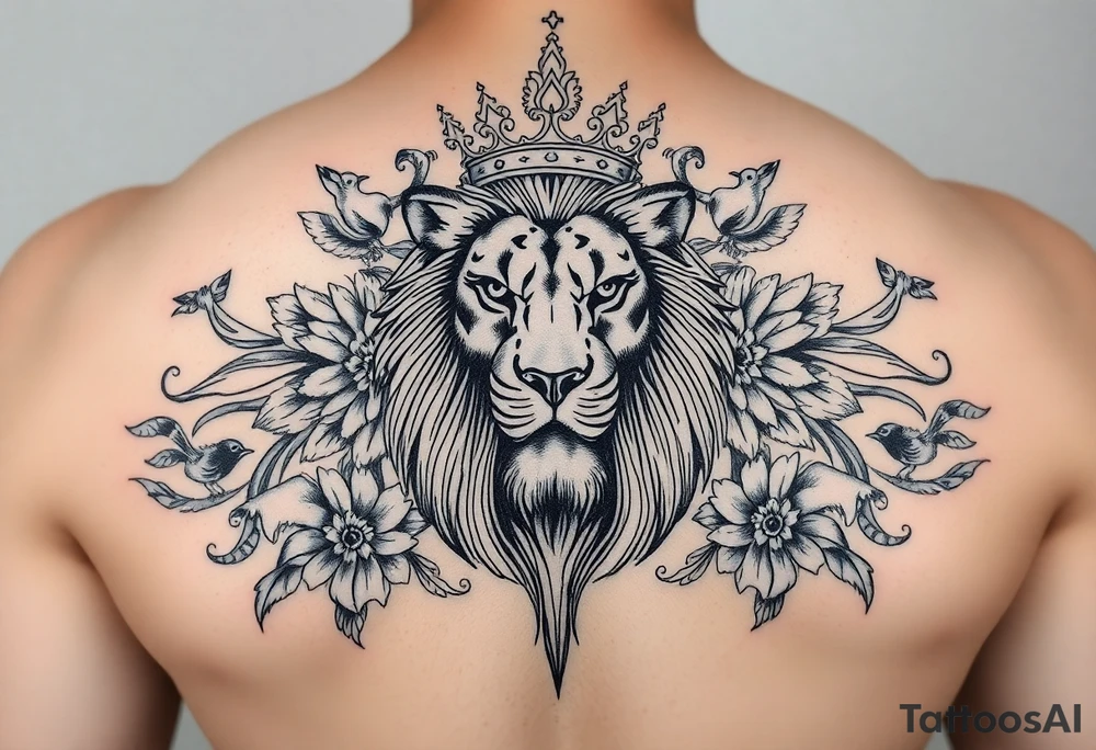 powerful majestic lion with a crown, surrounded by floral ornaments and birds tattoo idea