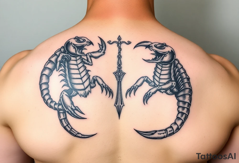 Dos poderosos escorpiones trepando por el cuerpo completo de la señora de la justicia ciega tattoo idea