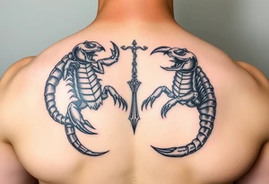 Dos poderosos escorpiones trepando por el cuerpo completo de la señora de la justicia ciega tattoo idea