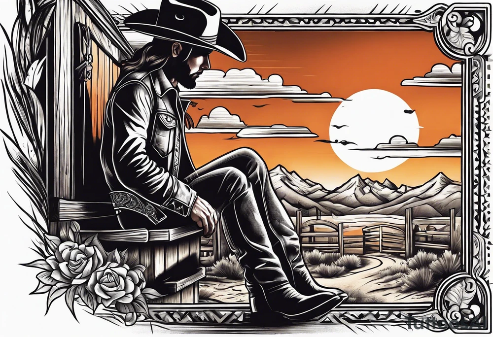 Country western cowboy saloon sunset shootout leg tattoo idea