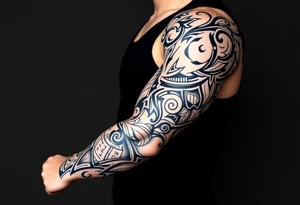 Full sleeve with Sicilian and tribal aesthetics tattoo idea