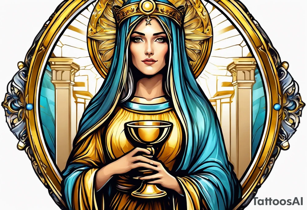 holy saint woman with golden halo holding a chalice tattoo idea