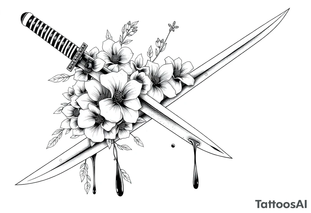 Katana with flowers and blood on the blade tattoo idea