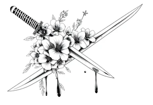 Katana with flowers and blood on the blade tattoo idea