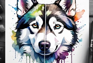 Thigh piece. A black and white Siberian husky face split in half with one half watercolor and one half geometric. tattoo idea