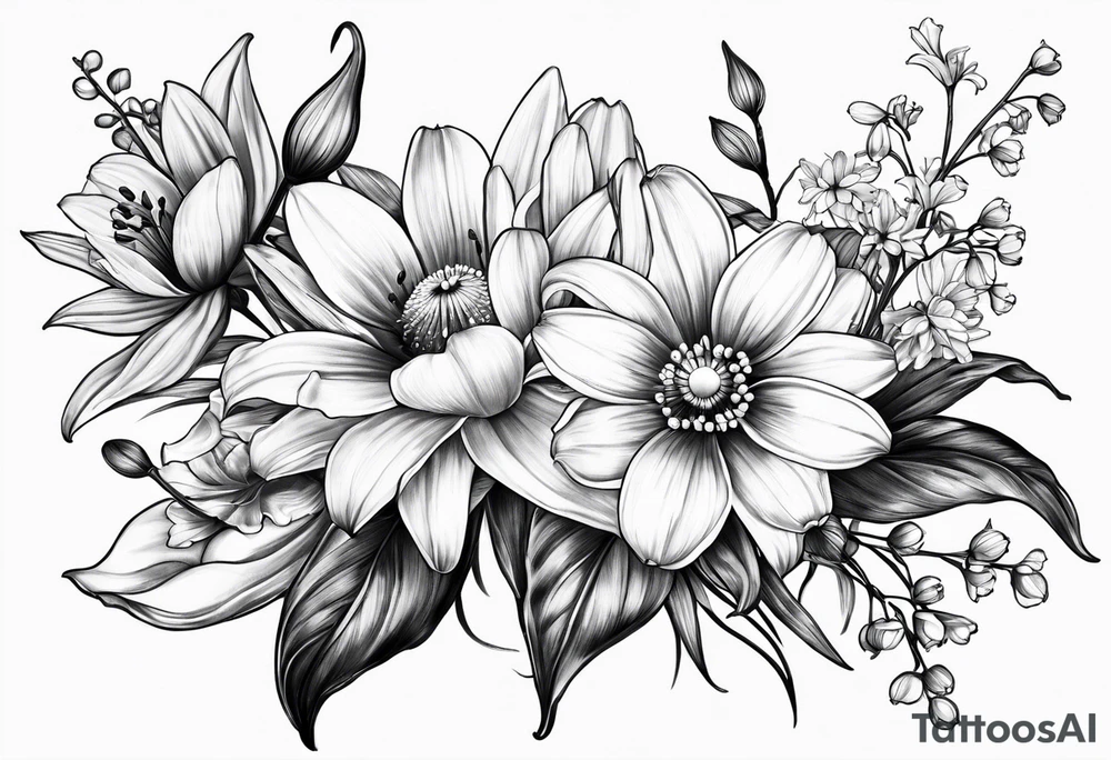 Daisy, Lilly of the valley, poppy, lily compass tattoo idea