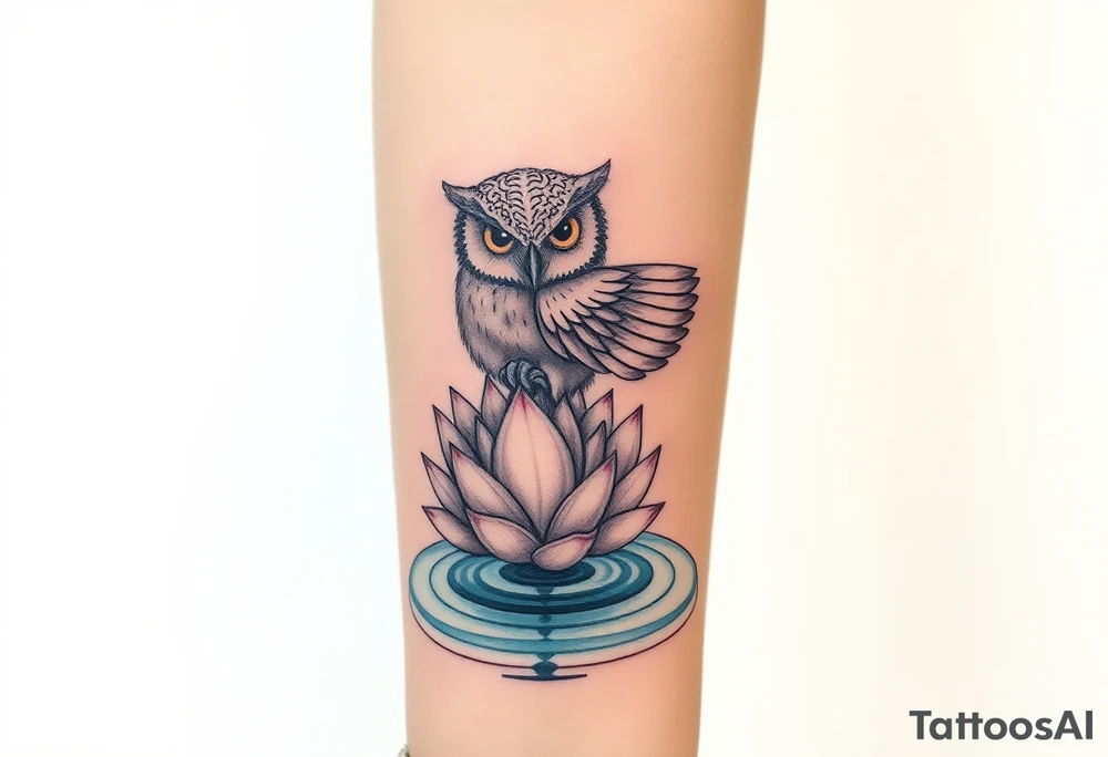 A wise owl grabbing a serene lotus flower that's emerging from sacred waters with ripples tattoo idea