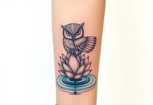 A wise owl grabbing a serene lotus flower that's emerging from sacred waters with ripples tattoo idea