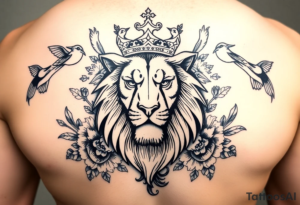 powerful majestic lion with a crown, surrounded by floral ornaments and birds tattoo idea