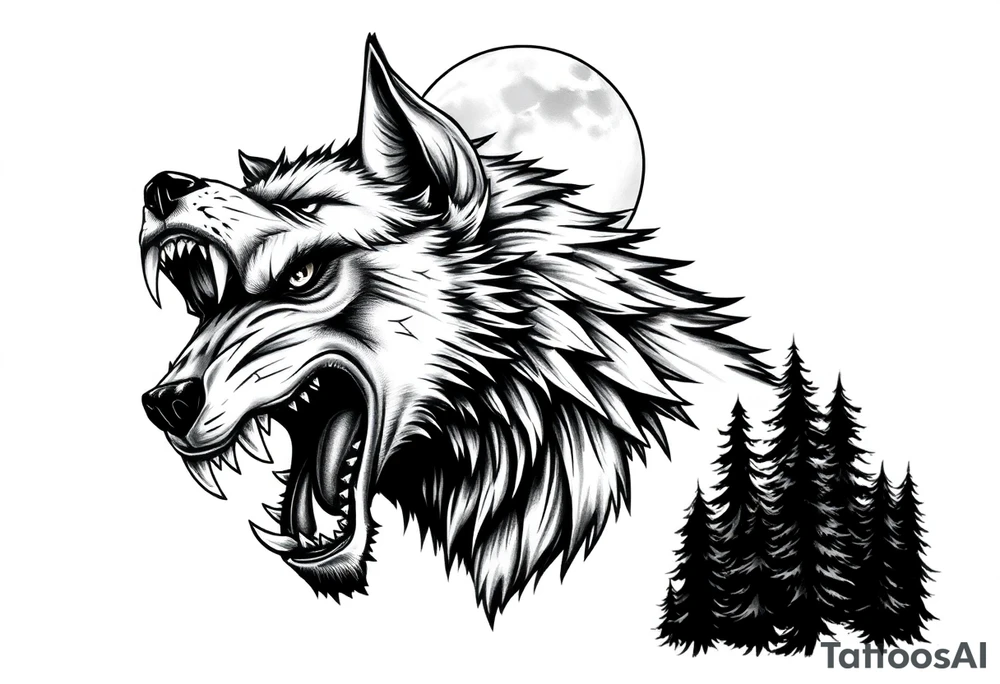 Fierce werewolf snarling, sharp teeth, moon cresting over shoulder,forest. tattoo idea