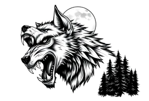 Fierce werewolf snarling, sharp teeth, moon cresting over shoulder,forest. tattoo idea