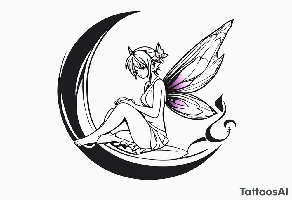 A fairy with a tail inspired by the logo of the show called Fairy Tail in a fetal position leaning in tattoo idea