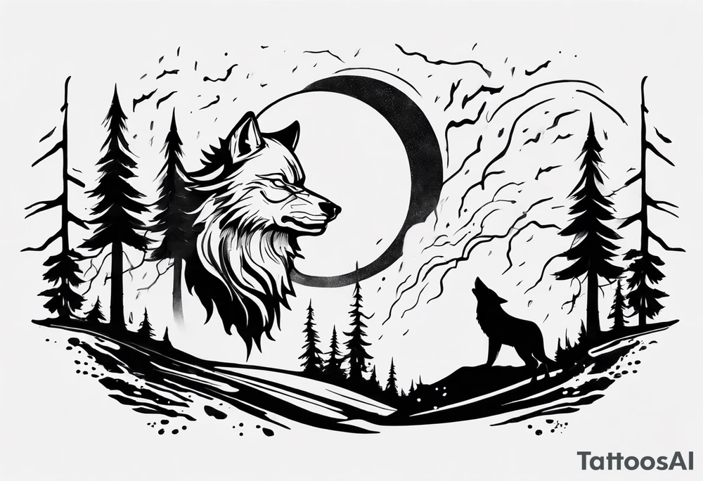 thunderstorm over a forest with a wolf howling on drums tattoo idea thunderstorm over a forest with a wolf howling on drums tattoo idea