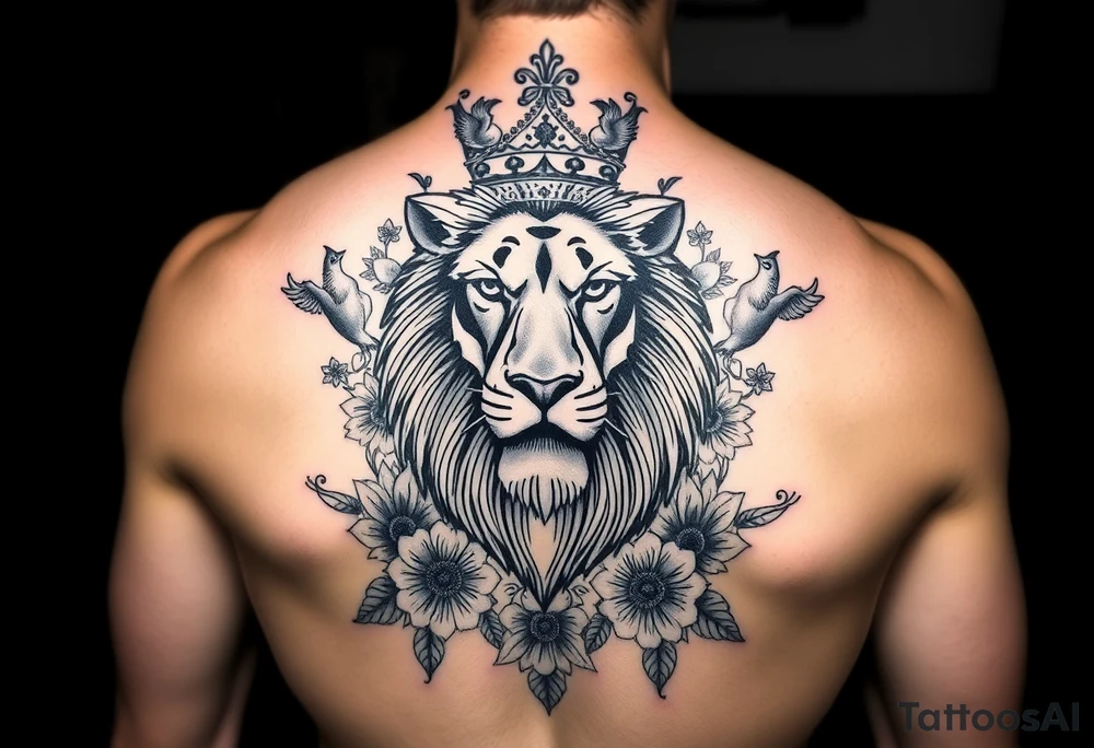 powerful majestic lion with a crown, surrounded by floral ornaments and birds tattoo idea