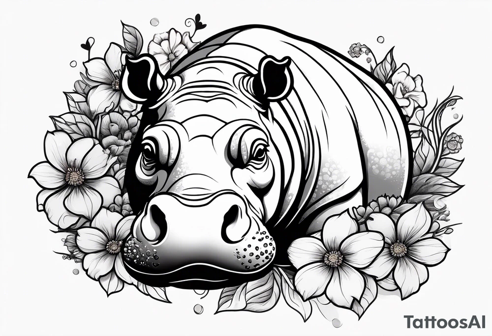 cute hippo with flowers tattoo idea