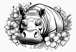 cute hippo with flowers tattoo idea