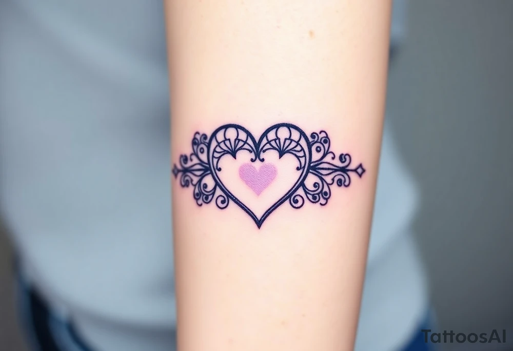 A symmetrical lace heart shaped bracelet with a soft ombré effect, transitioning from blue to deep purple tattoo idea