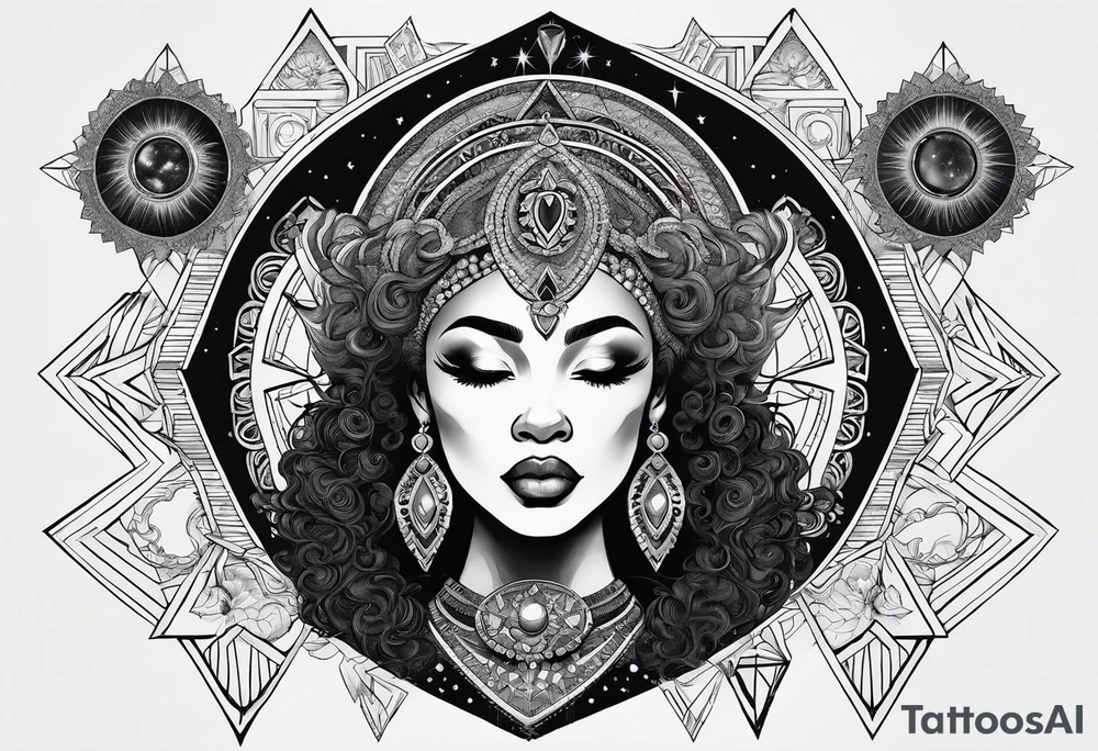 Black woman, royalty, enlightenment, wisdom, astronomy, cancer zodiac, natural, love, strength, power tattoo idea