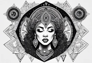 Black woman, royalty, enlightenment, wisdom, astronomy, cancer zodiac, natural, love, strength, power tattoo idea