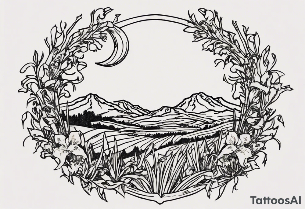 Create a small Vincent van Gogh Irises tattoo in the form of a crescent, with vines gracefully intertwining at a central point in the middle of the wreath.  In the middle of the wreath are mountains and other items found in New Mexico. Ensure that the design avoids the appearance of a bush and maintains a more structured and deliberate arrangement. The intended placement is on the upper chest. The overall design should be small in size while maintaining a delicate and artistic aesthetic. Pay attention to the graceful flow of the vines and the placement of the irises to achieve a refined and elegant look. tattoo idea