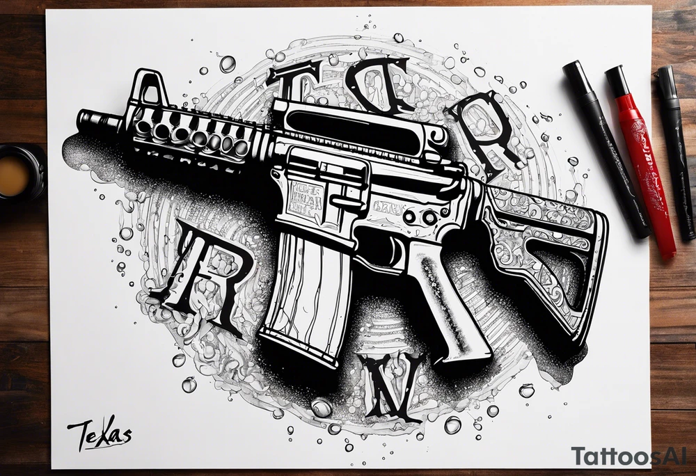 AR15 dripping syrup and the words Texas Made in bubble letters on top of the AR tattoo idea