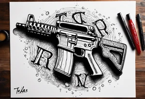 AR15 dripping syrup and the words Texas Made in bubble letters on top of the AR tattoo idea