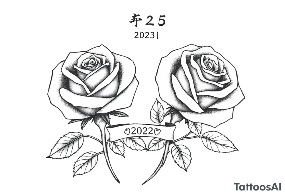 two beautiful rose buds, side by side, with many leaves and stems intertwined, representing two people in love. Include a small banner with "2025" on it.  The word "Rose" written in Kanji above the drawing.  Dark outlines tattoo idea
