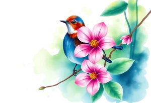 green forest background
blue rain drops
pink camelia flower
blue brown wren bird tattoo idea