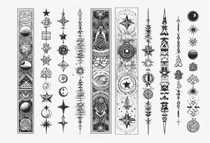 Long narrow spine tattoo. Includes moon, stars and ancient symbols. Minimal design tattoo idea