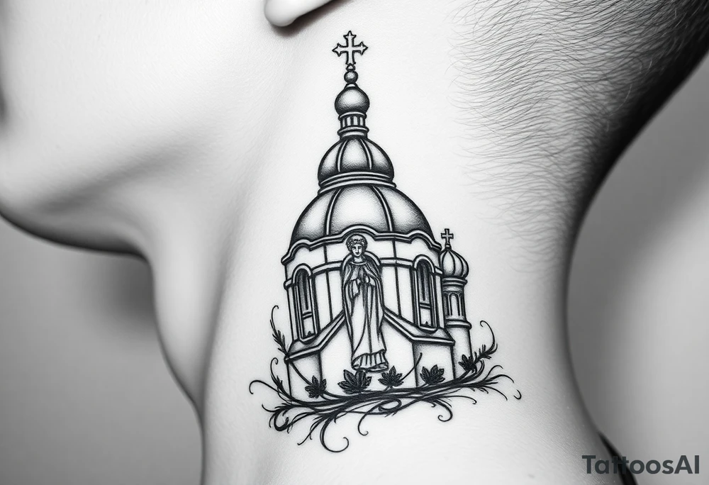 Flowing Scene

A onion dome orthodox church
Virgin Mary in prayer pose wrapping around the lower neck curve
A small double headed russian coat of arms eagle or just the star tucked above the dome near the hairline tattoo idea