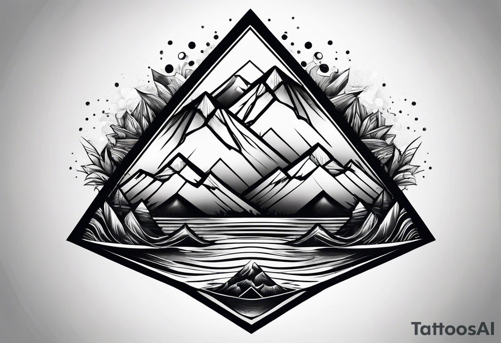 Mountains and ocean waves in a diamond shape tattoo idea