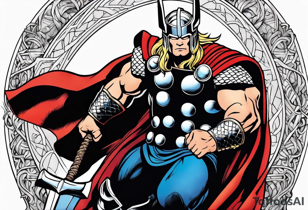 The Mighty Thor from comics in the 70's with a vignette in the background tattoo idea